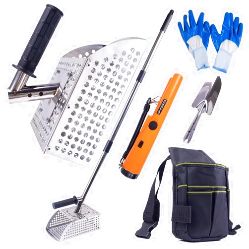 WodGod Sand Scoop for Metal Detecting, Heavy Duty Stainless Steel Sand Scoop with Long Handle,Includes 1 Metal Detector Pinpointer,1 Shovel,1 Carry Bag,One Pair of Gloves
