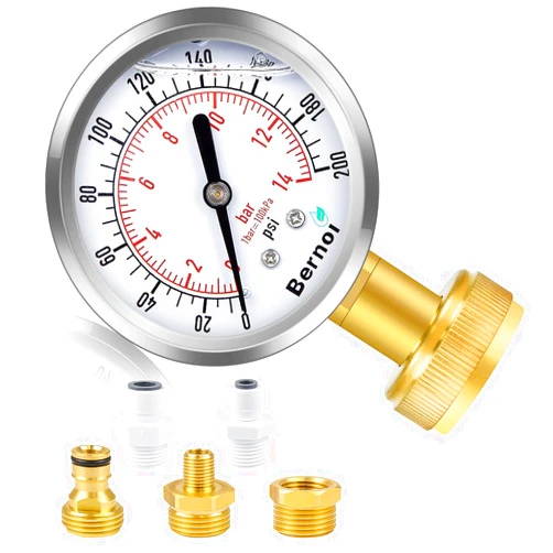 Bernoi Water Pressure Gauge Kit, Glycerin Filled Test with Lead-Free Brass Hose Fittings, 3/4'' Female Coupler Plus 5 Adapters to in Multiple Systems, 2-2/3'' dial, 0-200 Psi