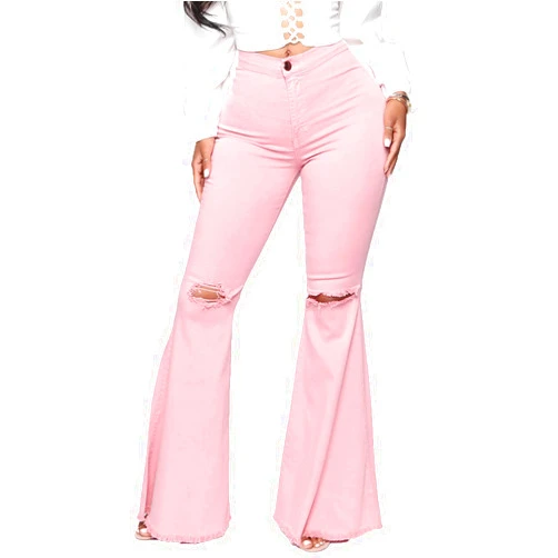 vunahzma Women's Flare Bell Bottom Pink Jeans Knee Ripped Fitted Destroyed Flare Denim Pants 70s Outfits for Women(X-Large, Pink-4014)