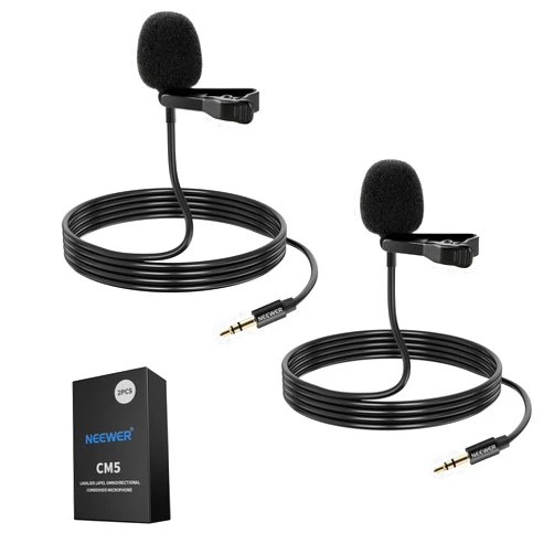 NEEWER 2 Pack Lavalier Lapel Microphone Compatible with DJI Wireless Mic Transmitters Rode Wireless GO II 2, Omnidirectional Condenser Wired Clip On Lav Mics for Stage YouTube Live Streaming, CM5