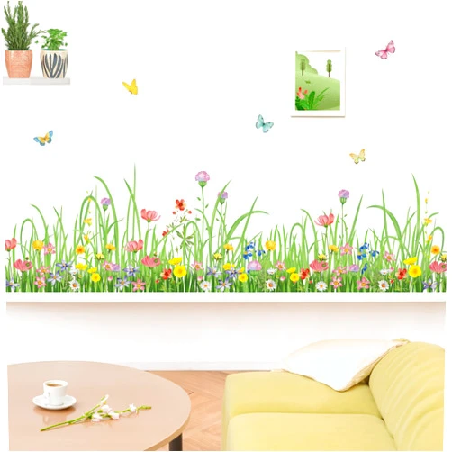 wondever Green Grass Floral Wall Corner Stickers Wildflower Butterflies Baseboard Skirting Line Wall Decals for Living Room Bedroom Dining Room (W:62 inches)