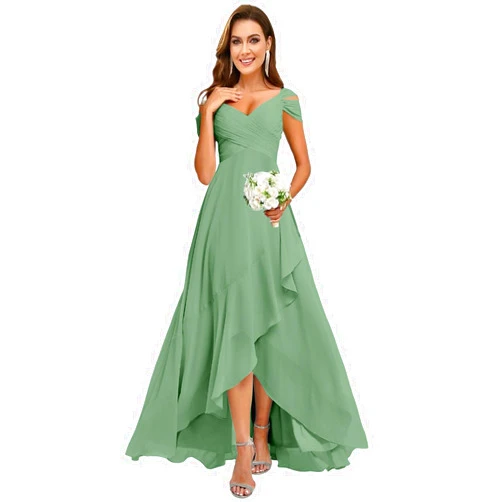 Monvelli Off The Shoulder Ruffle Chiffon Bridesmaid Dresses with Pockets Pleated High Low V Neck Formal Evening Party Gowns