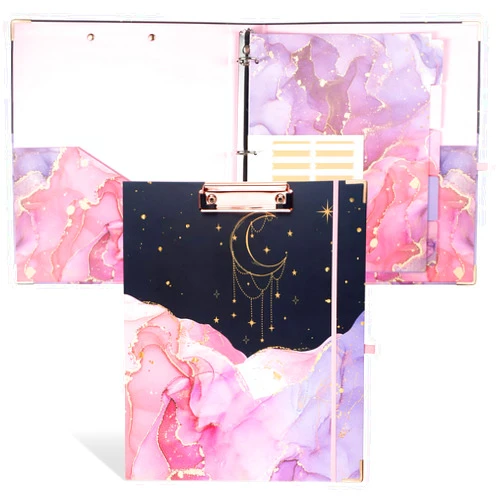 Harloon 3 Ring Binder 1 Inch Marble Binder with Clipboard Organize 5 Tab Dividers 2 Pockets Label Stickers Back to School Gifts for School Teacher Nurse Party Favors Supplies(Pink)