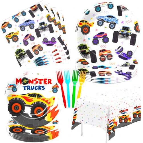 APOWBLS Monster Truck Birthday Party Supplies, Monster Theme Jam Party Decorations Tableware, Plate, Napkin, Tablecloth, Fork, Monster Truck Birthday Plate And Napkin Decorations Dinnerware | Serve 24