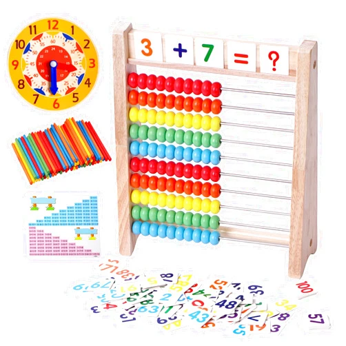 Flzoaveus Wooden Abacus for Kids Math Manipulatives Learning Clock for 5 6 7 8 Year Old Boys Girls 1st 2nd Grade Math Counters 100 Counting Sticks Montessori Preschool Educational Math Toys Homeschool Supplies