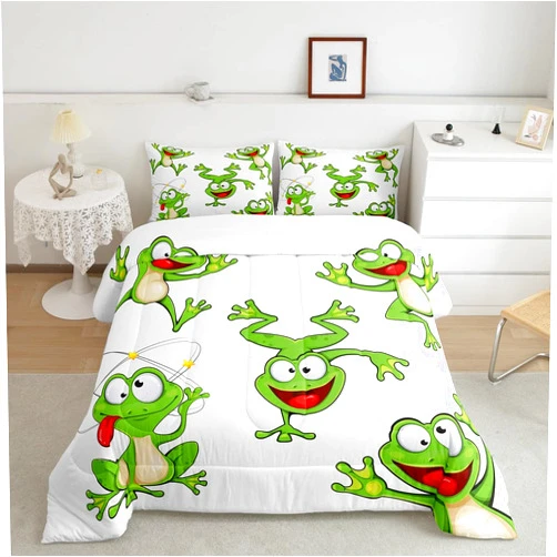 Feelyou Kawaii Decor Frog Bedding Set Boys Cartoon Animal Theme Comforter Set for Kids Teens Ultra Soft Nature Comforter Funny Cartoon Frog Duvet Set Room Decor Twin Size Quilt Set