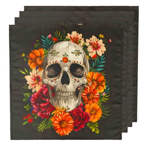 Tablerazzi Sugar Flower Skull Cloth Napkins Set of 6, Floral Gothic 20x20 Inch Washable Polyester Dinner Napkins Reusable Table Dinner Napkins for Party Weddings Restaurant Lunch