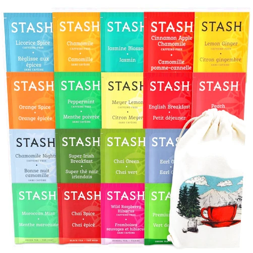 Eva's Gift Universe Stash Tea Sampler Variety Pack – 40 Count Assorted Tea Bags in Handmade Cotton Pouch | 18 Flavors Black Green Herbal Fruit Tea for Tea Lovers, Mom, Dad, Wife, Husband, Family, Friends