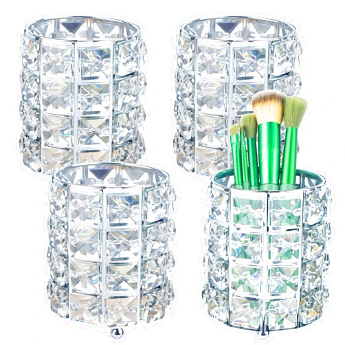 LUEXBOX 4 PCS Crystal Makeup Brush Holder, Bling Makeup Tools Organizer, Round Cosmetics Brush Storage Container for Table, Dresser, Bathroom, Bedroom Organization (Silver)