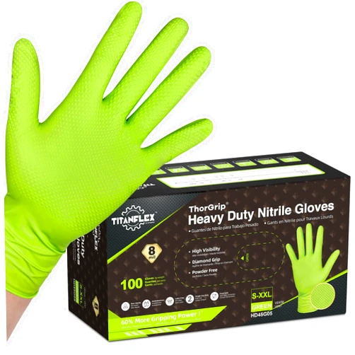 TitanFlex Thor Grip Heavy Duty Green Industrial Nitrile Gloves with Raised Diamond Texture, 8-mil, Latex Free, Powder Free