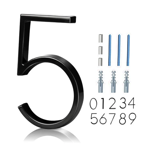 Gibolin House Numbers for Outside, Gibolin 5 Inch Black Floating Metal Modern Address Numbers Garden Door Mailbox Decor Anti-Rust Visibility Signage with Nail Kit, Number 5