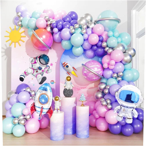 GIZIUXNE 161pcs Space Balloons Arch Kit Outer Space Party Decorations with Space Astronaut Rocket Pink and Purple Balloons Space Themed Birthday Party Baby Shower Decorations