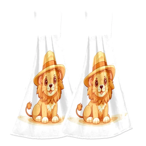 JIPONI Cute Lion Kitchen Hand Towel 2 Pcs Tie Towels with Hanging Loop Super Absorbent Soft Dish Cloth for Bathroom Hotel