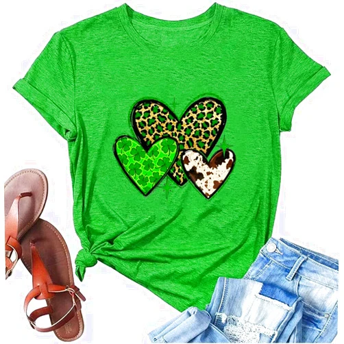 XiGonLe St. Patrick's Day Women's T-Shirt Funny Cute Casual Rainbow Leopard Love Heart Irish Lucky Shamrock Clover Graphic Tee Tops