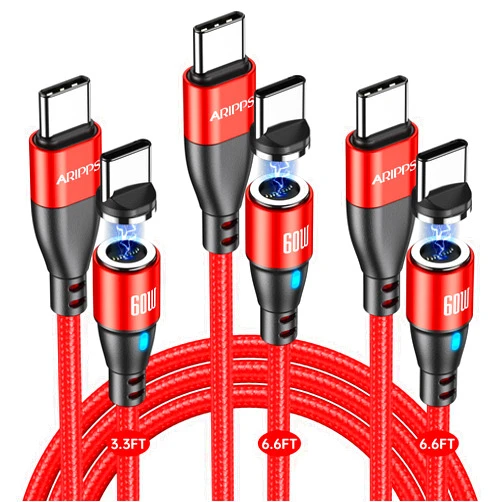 Aripps USB C to USB C Magnetic Charging Cable[3-Pack, 3.3ft/6.6ft/6.6ft], 60W/3A Fast Charging USB Type C Charger Cord Compatible with Phone 16/15 Samsung S24 Note 20 Pad Pro 11 Mbook Switch (Red)