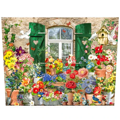 Bits and Pieces – 1000 Piece Jigsaw Puzzle for Adults – Flowers Outside - Collage Flower Window Bird House Spring Butterfly Cottage Jigsaw Puzzle by Artist Barbara Behr