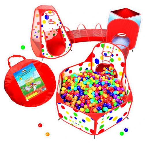 Playz 5-Piece Kids Play Tents Crawl Tunnels and Ball Pit Popup Bounce Playhouse Tent with Basketball Hoop for Indoor and Outdoor Use with Red Carrying Case