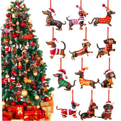 Suzile 36 Pcs Christmas Ornaments Dachshund Wood Ornaments Dachshund Themed Christmas Tree Decorations with 11.8 Inch Red Ribbon for Christmas Tree Decorative Hanging Ornaments