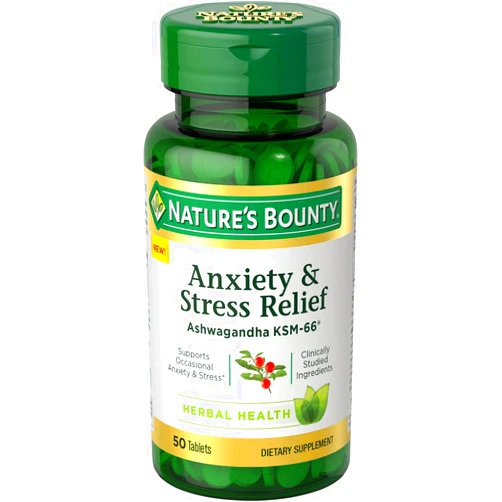 Nature's Bounty Anxiety & Stress Relief Ashwagandha Ksm-66 Tablets, 50 Count