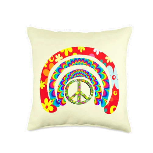 Cute'NSassy Custom Designs Peace Signs, Rainbows, Flowers Love 70s Design Hippie Throw Pillow, 16x16, Multicolor