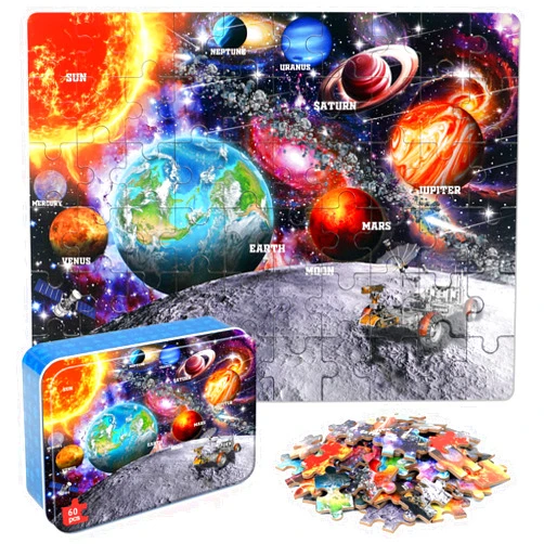 LELEMON Puzzles for Kids Ages 4-6, Space Puzzle 60 Piece Puzzles for Kids in a Metal Box, Educational Kids Puzzles Jigsaw Puzzles Childrens Puzzle Games Puzzle Toys for Girls and Boys