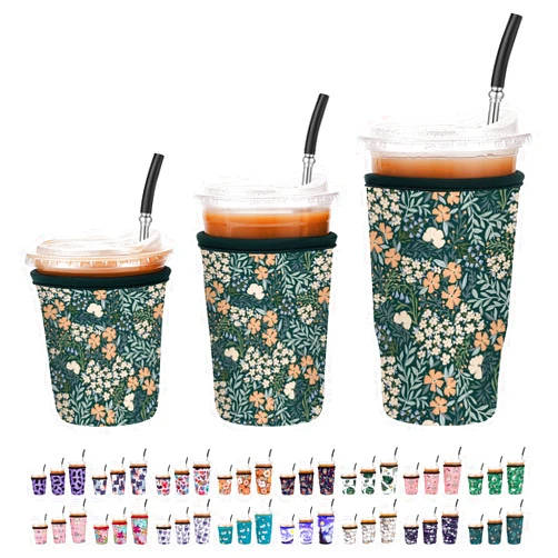 Cavllson reusable Insulated Neoprene Iced Coffee Beverage Sleeves Cold Drink Cup Holder for Starbucks Coffee, McCafe, Dunkin Donuts, Tim Hortons and More, Flower-3 Pack