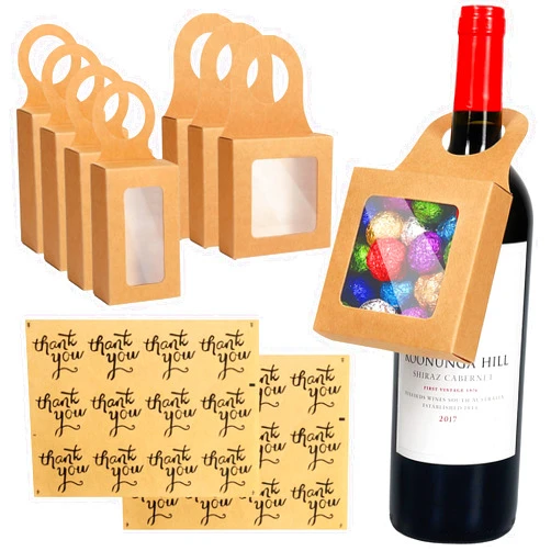 Shintop Wine Bottle Box with Window, 24PCS Foldable Wine Bottle Gift Hanger with 2 Sheets Paper Stickers for Hanging Bottle Gift Decoration (Kraft)