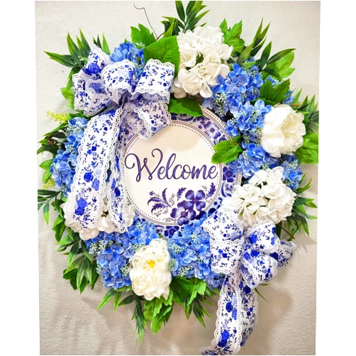 An Array of Wreaths, LLC Blue and White Florals and Greenery Welcome Wreath; real touch hydrangea wreath; Welcome Spring wreath; Welcome everyday wreath