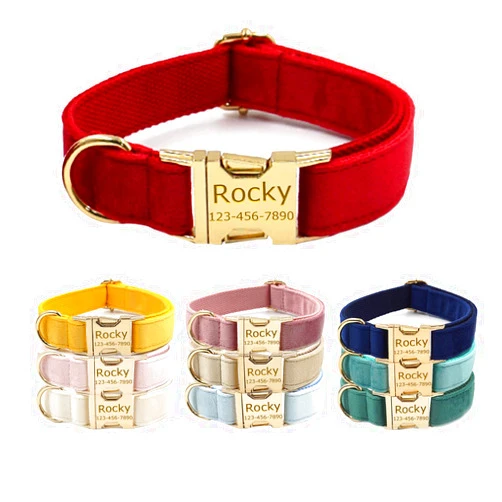 YUNMARY Personalized Velvet Dog Collars with Pet Name Phone Number Engraved, Custom Adjustable Soft Collar with Metal Buckle for Small Medium Large Dogs, Dog Leash and Bow Tie Available -Red