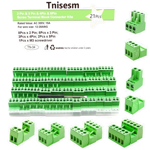 Tnisesm 21Pcs Screw Terminal Block Connector Kit 5.08mm Pitch Pluggable (2Pin 3Pin 4Pin 5Pin) 300V 15A for 28-12AWG Cable