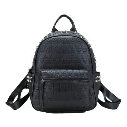 AlwaySky Women Punk Rivets Backpack Skull Printed Daypack Purse PU Leather Shoulder Bags Satchel Black