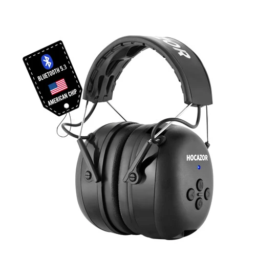 Hocazor HZ07 Upgrade Bluetooth 5.3 Hearing Protection - NRR 25dB Noise Cancelling Earmuffs 40 Hours+ Playing Time with 1500mAh Rechargeable Battery for Mowing, Workshops, Black