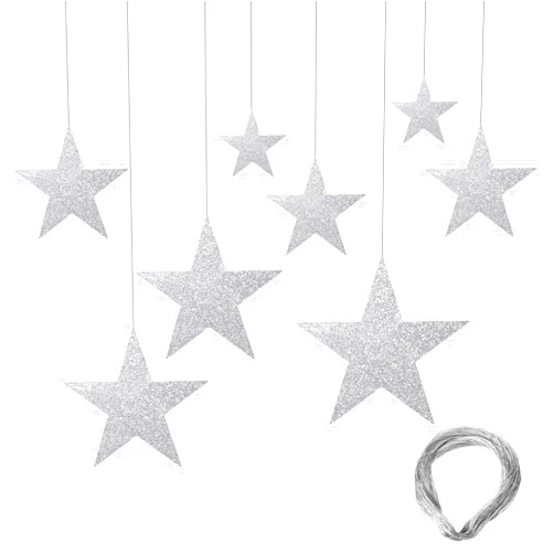 Styquenzer 24 Pcs Silver Cardboard Stars Silver Glitter Stars Cutouts for Party Decoration 4 Sizes Glitter Star Cardboard with Nylon String Double Printed Paper Star Decorations for Wedding Wall Decor