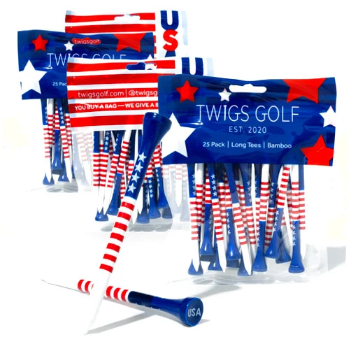 Twigs Golf Tees, Long Bamboo Tees, 100 Count, 3-1/4 inch, Stars and Stripes USA Design