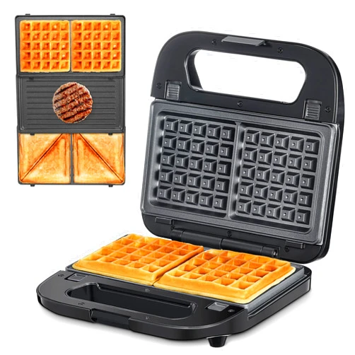 Reemix 3-in-1 Waffle, Grill & Sandwich Maker, Panini Press Grill and Waffle Iron Set with Removable Non-Stick Plates, Perfect for Cooking Grilled Cheese, Tuna Melts, Burgers, Steaks and Snacks, Black (3 in1 Sandwich Maker With Plastic Handle)
