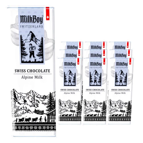 Milkboy Swiss Chocolates - Premium Swiss Alpine Milk Chocolate Extra Creamy Milk Chocolate Snack Bar Size 1.4 oz - GMO Free (10 Pack)