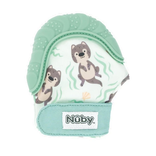 Nuby Happy Hands Silicone Teething Mitten for Babies - Soft Silicone Massaging Teether - Soothes Sore Gums - Easy-to-Wear and Machine Washable - 3+ Months - Otter