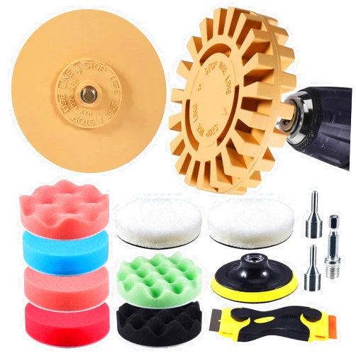 VONDERSO Eraser Wheel, VONDERSO Decal Remover, Adhesive Remover, 13PC Rubber Pin Stripe Removal Tool Kit for Drill for Automotive Car Sticker, Vinyl, Rv, with Polishing Pads, Wool Buffing Pad and Razor Blades