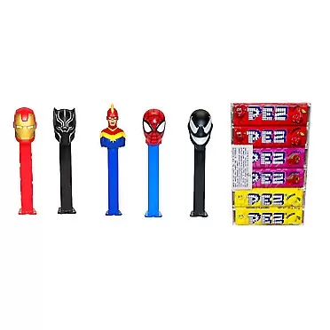 GRANITE MOUNTAIN PRODUCTS PEZ Marvel Dispenser and Candy Refill Set - With 6 EXTRA Pez Candy Refills | One Of Each Spiderman, Ironman, Captain Marvel, Black Panther, and Venom | Marvel Party Favors, Grab Bags
