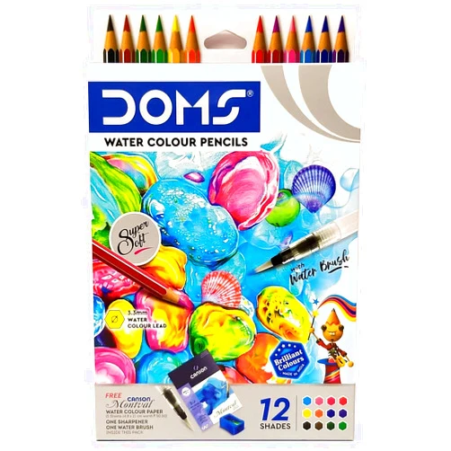 DOMS Super Soft Hexagonal Pre-Sharpened Water Soluble Colour Pencils | Free Watercolor Paper, Sharpener & Water Brush | 3.3mm Watercolor Lead | 12 Shades | Pack of 1