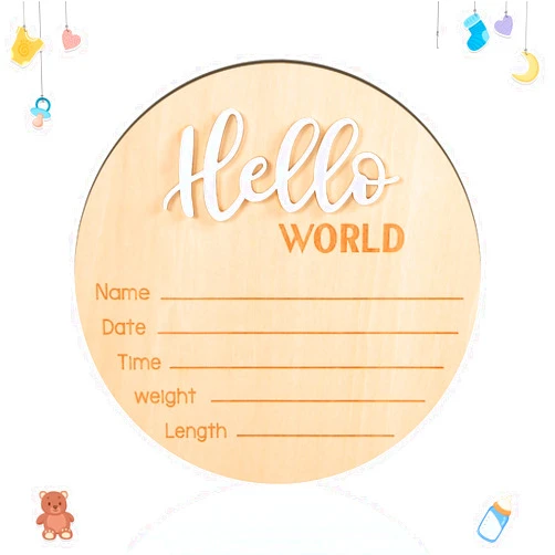 NQEUEPN Baby Announcement Sign, 5.9 Inch Wooden Hello World Newborn Sign Birth Announcement Signs Baby Name Announcement Plaques for Photo Props Baby Shower Hospital Nursery