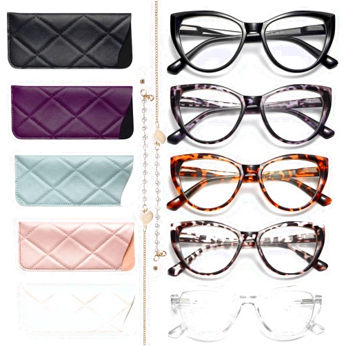 Gaoye 5 Pack Fashion Cat Eye Reading Glasses for Women, Computer Blue Light Readers Anti Glare With Eyeglasses Chain (B 5 PACK MIX, 1.5, multiplier_x)