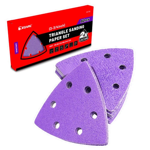 EZARC Zirconia Triangle Sanding Paper, 3-3/4 Inch Triangular Sandpaper Hook & Loop Triangular Shaped Sander Discs Fit Oscillating Tool Sanding Pad, (60-320) Grit for Polish Sanding, 60PCS