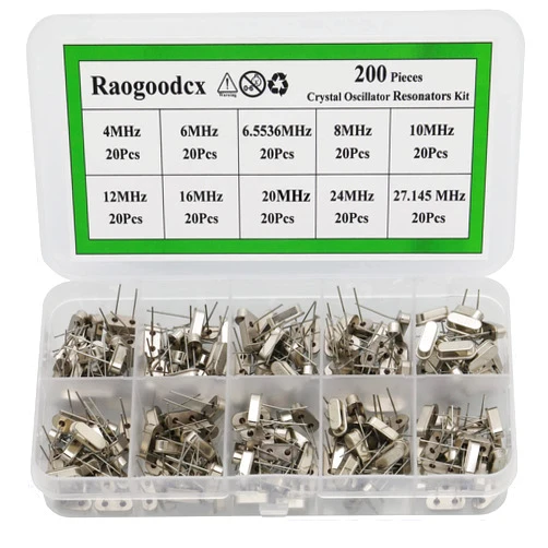 Raogoodcx 200PCS 10Value Crystal Oscillator Resonators Assortment Kit 4 MHz, 6 MHz, 6.5536MHz，8 MHz, 10 MHz, 12 MHz, 16 MHz, 20 MHz, 24 MHz, 27.145 MHz