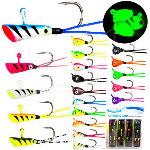 THKFISH Ice Fishing Jigs, 20pcs Dancing Ice Fishing Jig Rubber Skirt Kit Winter Ice Fishing Lures Ice Fishing Lures and Jigs Walleye Ice Fishing Gear for Ice Jigging Panfish Crappie Panfish Pike, 4 Styles