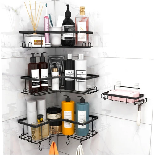 Vmiya 4 Pack Shower Caddy Corner Set with Hooks and Soap Holder, Stainless Steel Shower Shelf for Bathroom with 6 Removable Hooks