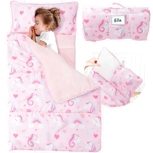 E1F1NN DOT Toddler Nap Mat with Detachable Pillow & Blanket - Soft Plush Minky Fleece Kids Sleeping Bag for Daycare, Preschool & Travel - Portable Roll-Up Design with Carry Handle - Boys Girls Ages 3+