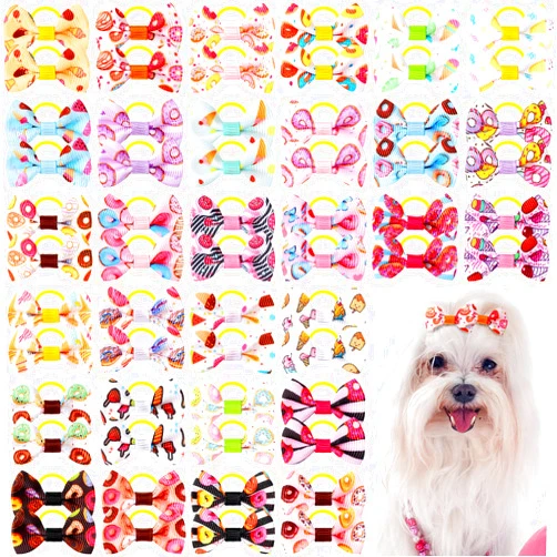 Shinylin 60 Pcs Pet Dog Hair Bows Cute Dog Bow Knot Hair Bows Puppy Bows with Rubber Band Handmade Hair Accessories Pet Grooming Products for Small Dog(Donut and Ice Cream)