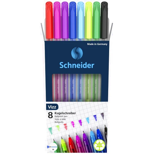 Schneider 102298 Vizz Ballpoint Pens for Easy and Fast Writing, Same Colour Tube, M Line Thickness, 8 Pack, Assorted Colours