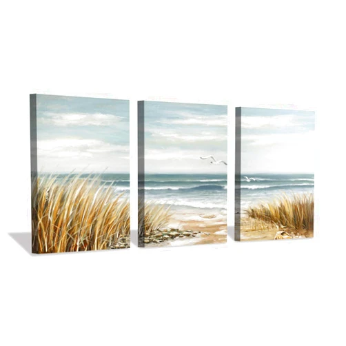Hardy Gallery Abstract Beach Picture Wall Art: Coastal Grass Seascape Artwork Print on Canvas for Walls (12”x16”x3pcs)
